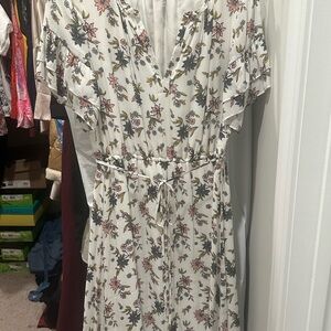 LOFT Floral Print Midi Dress with Ruffle Sleeves